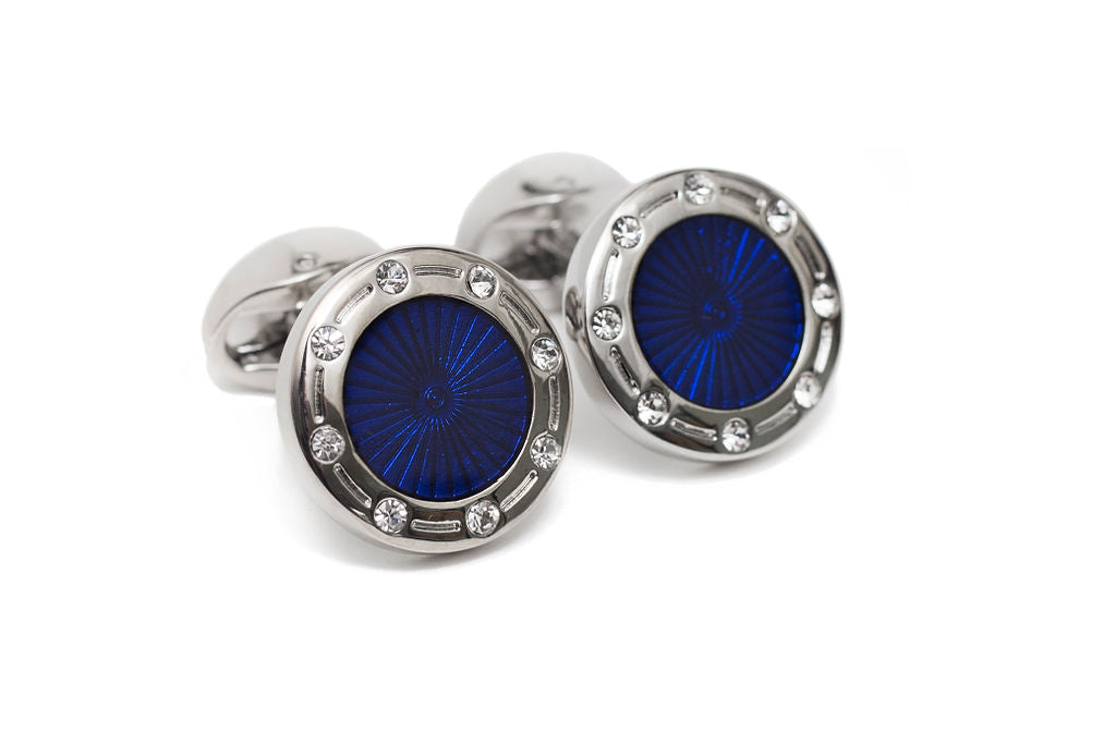 Round Blue & Crystal Cuff Links