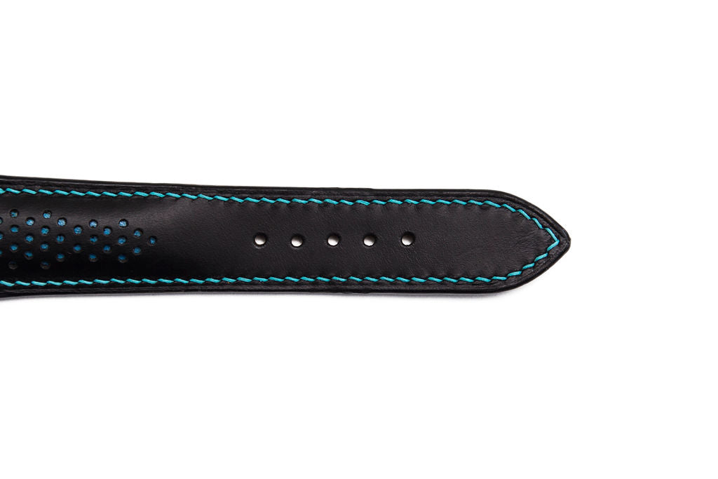 Black Leather Watch Strap, Blue Stitch