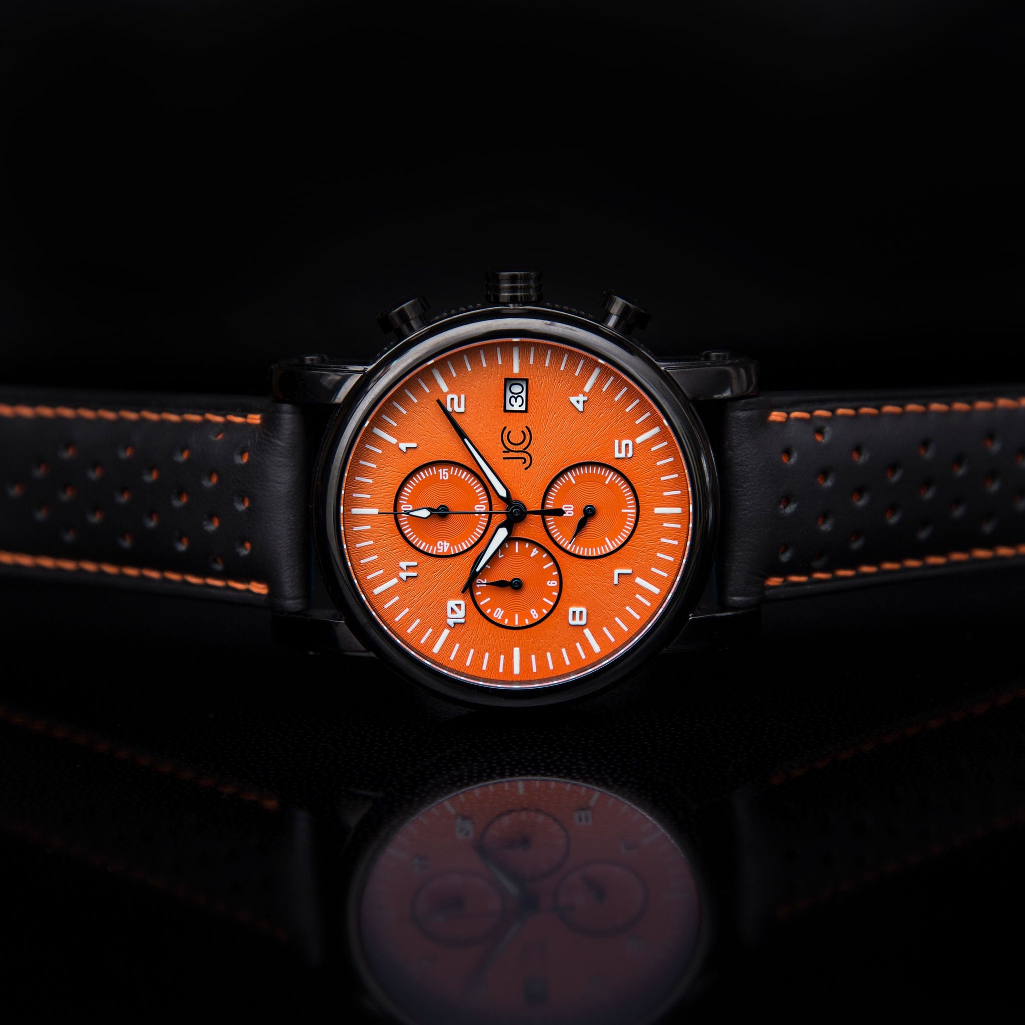 S3 Black Leather Orange Stitch Watch Strap - LONG