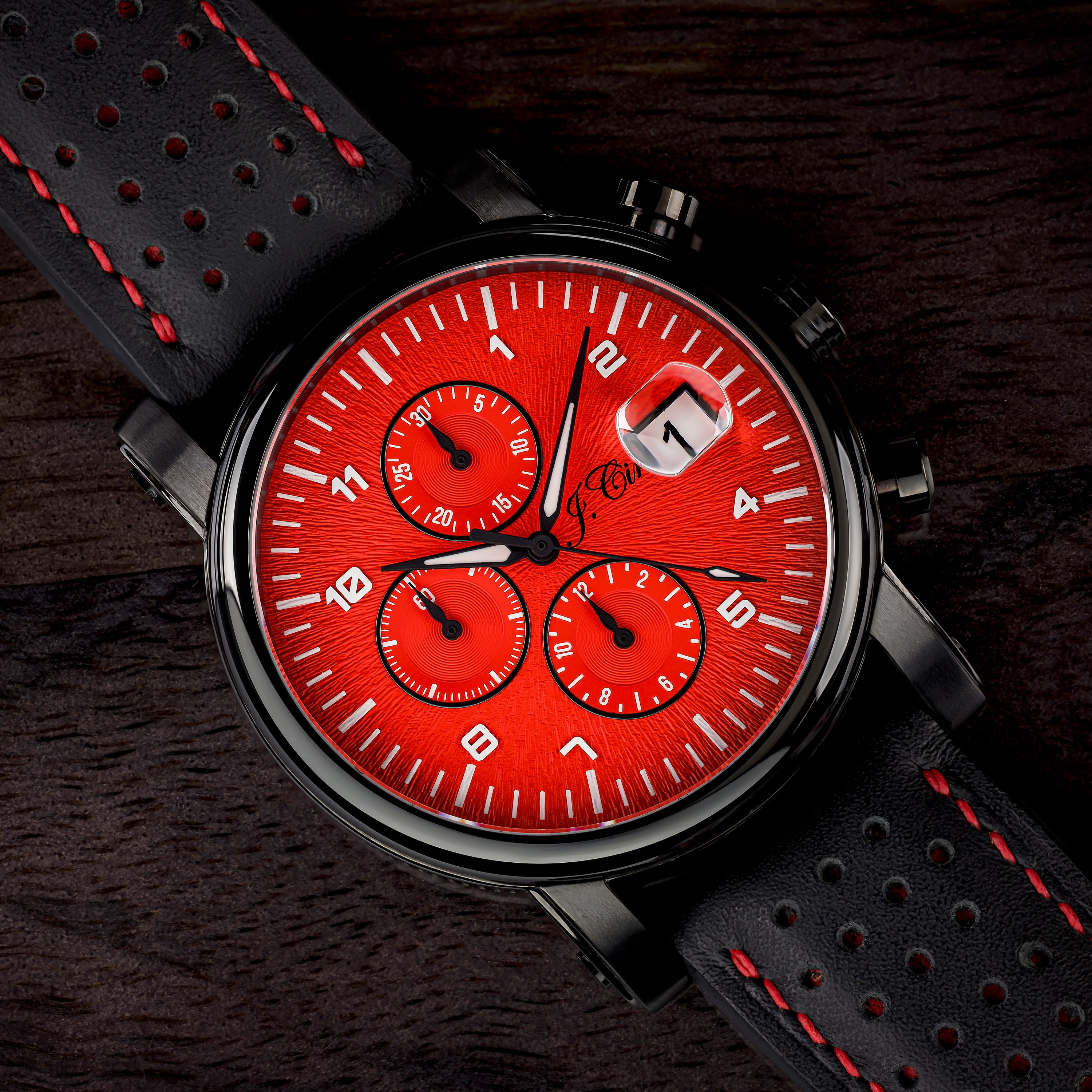 Black Leather Watch Strap, Red Stitch